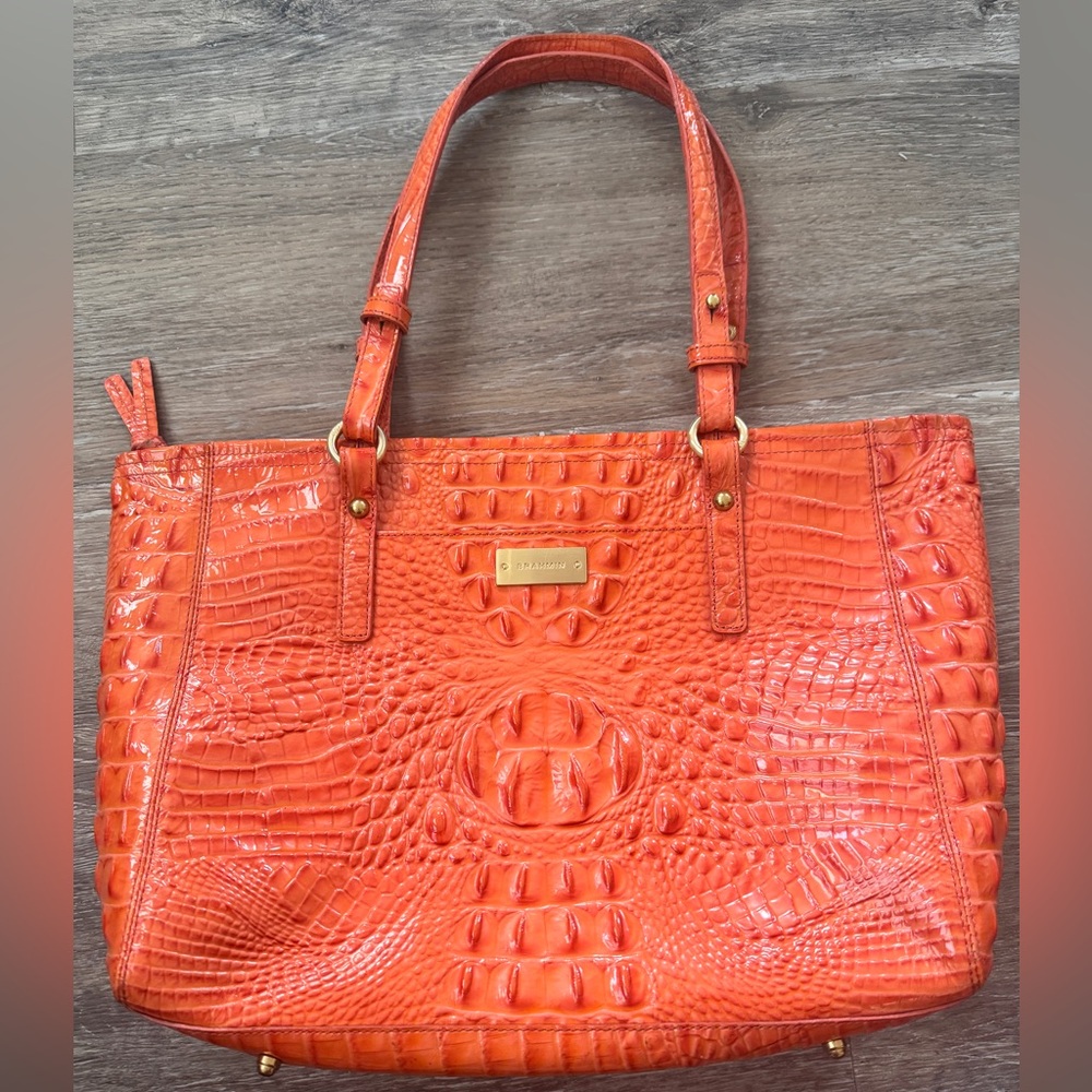 Brahmin Coral/Orange Crocodile Zip Tote Shoulder Handbag